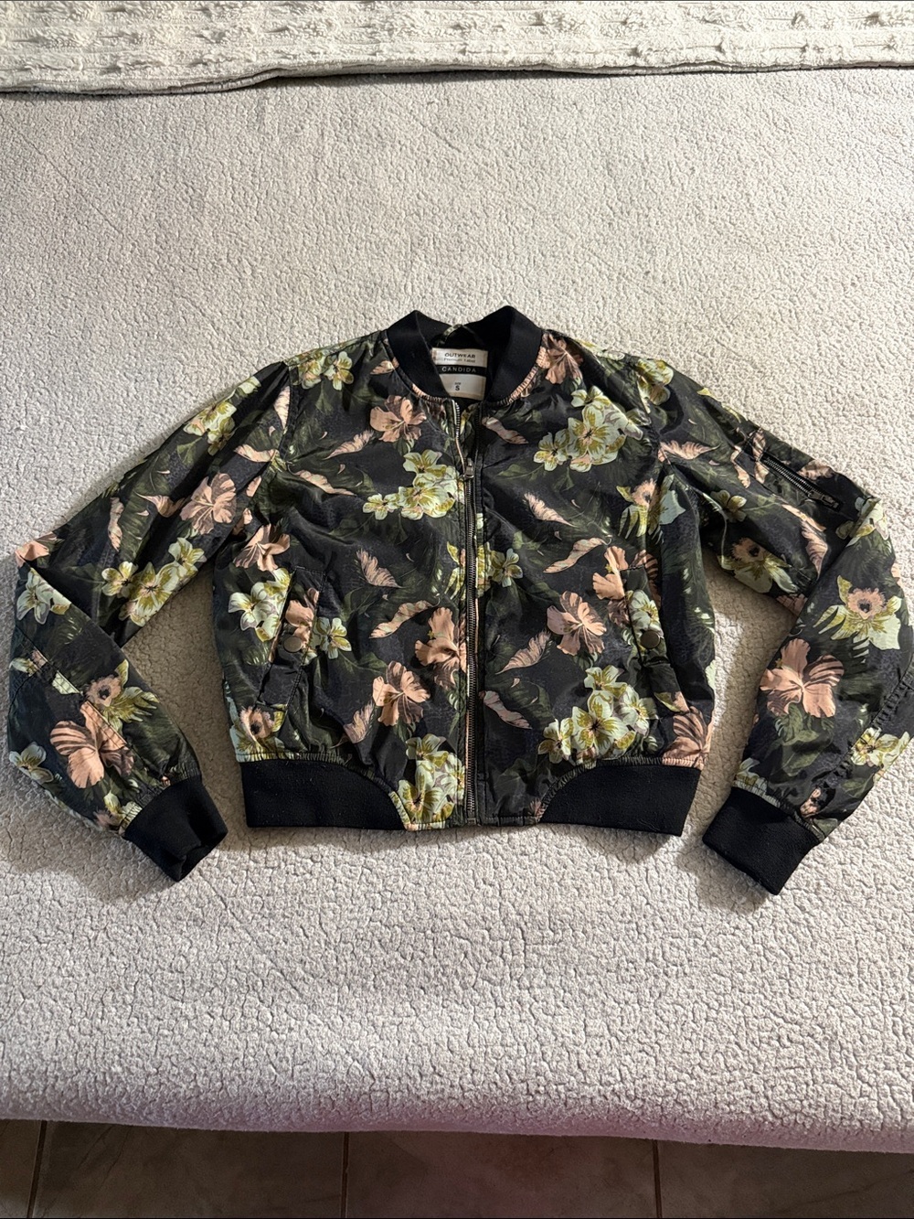 Candida Premium Floral-Print Black Bomber Jacket with Pink & Green Blooms Small